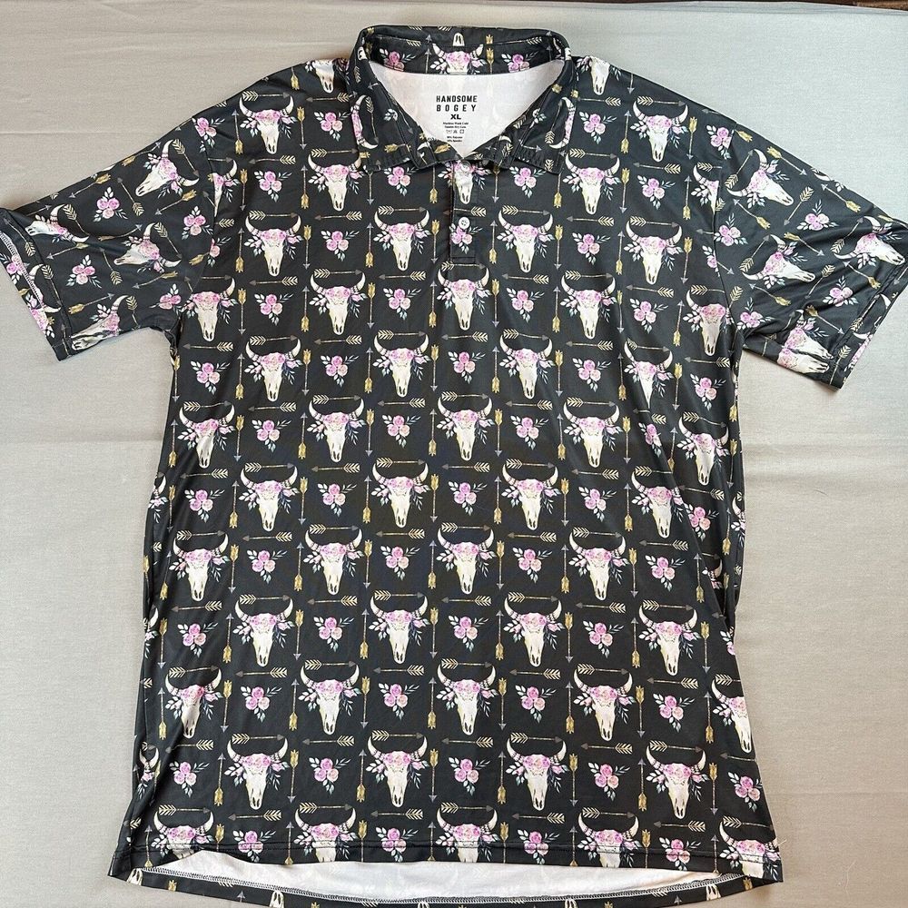 Handsome Bogey Golf Polo Shirt Mens XL Black Midnight Bull Geometric AOP